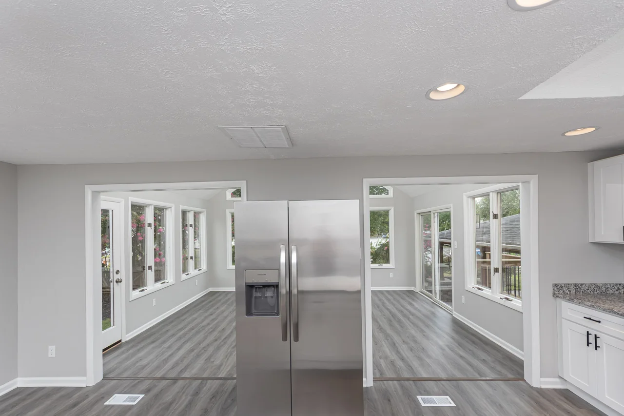 Kitchen and connected living spaces